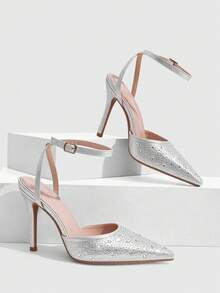 CUCCOO SZL Women's Silver Pointed Toe Rhinestone Stiletto High Heel Ankle Strap Slingback Pumps For Party And Evening - Silver - View 7