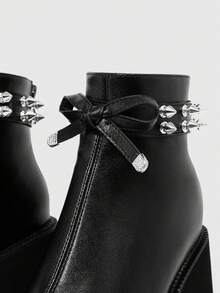 ROMWE Goth Women's Platform And Ankle Boots And Ankle Boots, Y2K Millennial Pointed Toe Rivet Strap Bow Black Big Round Toe Serrated Muffin Bottom Super High Heel - Black - View 4