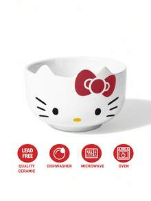 HELLO KITTY AND FRIENDS | SHEIN 直徑12cm 450ml/15oz 3D貓耳白色陶瓷碗，可愛卡通紅色蝴蝶結湯碗，適合女孩與宿舍的早餐甜點碗，創意居家餐具，日常禮品碗 - 白色 - 查看 3
