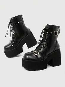 Sugerpunk Women's Spring/Autumn Punk-Style Retro Ankle Boots With Thick Wedge Heels And Platform Soles; Gothic Design Featuring Metal Buckles, Straps, And Studs - Black - View 4