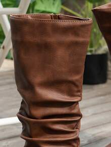 Alvarani Brown Strip Buckle Pleated Stack Boots Side Zipper Flat Bottom Round Toe Versatile New Casual Comfortable Commuting Daily Fashion Flat Bottom Women's - Brown - View 2