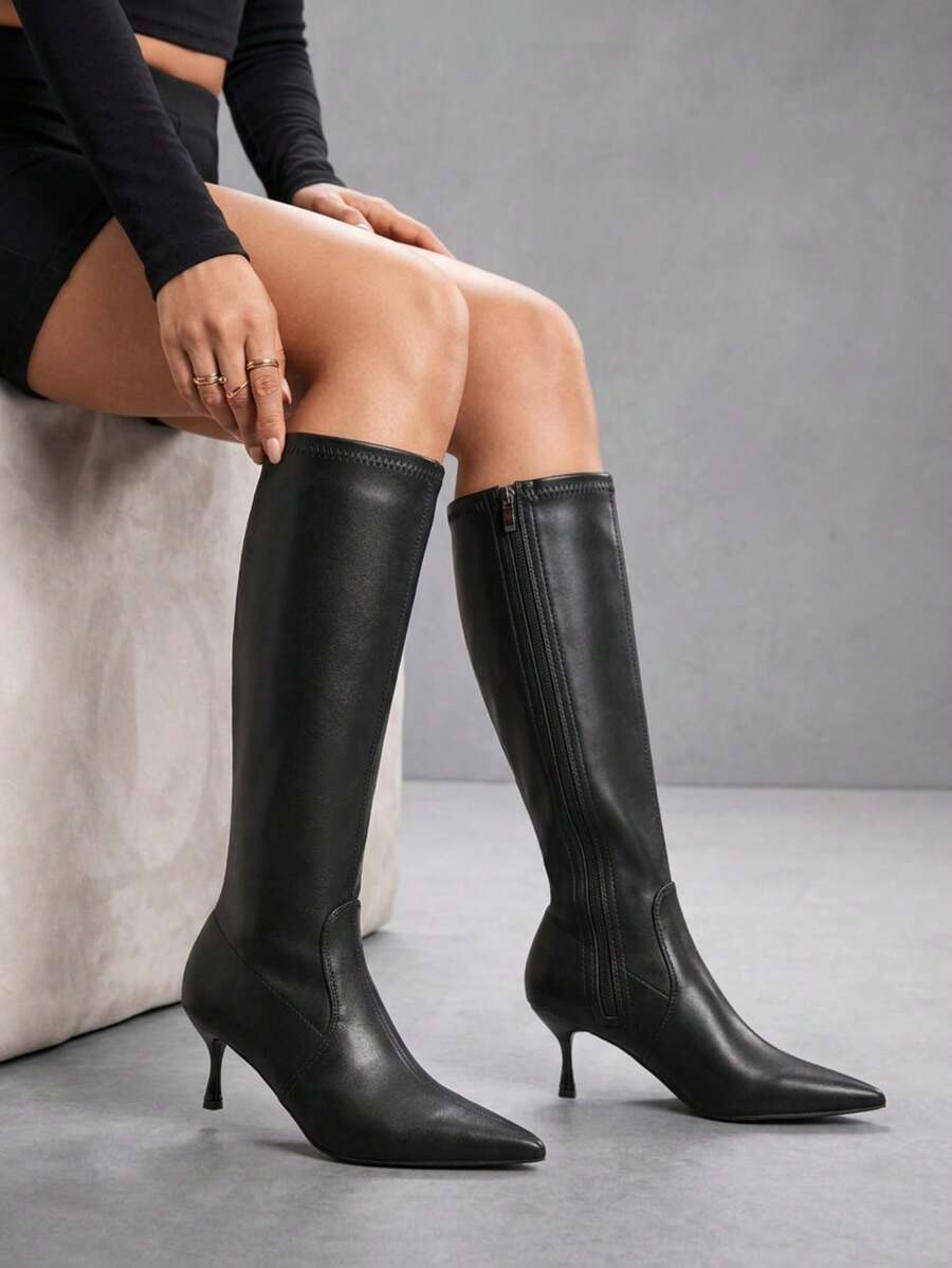 CUCCOO SZL Maillard Elegant Style Women Autumn And Winter Commuting Travel Solid Color Pointed Toe Thin Heel High Tube Elastic Fashion Boots - Black PU - View 1