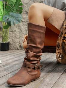 Alvarani Brown Strip Buckle Pleated Stack Boots Side Zipper Flat Bottom Round Toe Versatile New Casual Comfortable Commuting Daily Fashion Flat Bottom Women's - Brown - View 6