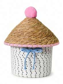 Joivida Thread Woven Storage Basket With Cute Straw‑Style Lid. Compact Size Keeps Small Items Covered From Dust. Lovely Pastel Tones, Ideal For Desktop Tidying And Room Tabletop Display. - Multicolor - View 14