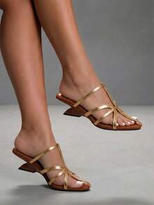 CUCCOO SZL Women's Shoes With T-Shaped Toe, Pointed Toe, Irregular Heel, Suede Stitching, Shiny Surface, Versatile For Dating And Commuting, High-Heeled Sandals - Brown and gold - View 2