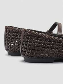 Alvarani Oversized Women's Handmade PU Woven Premium Mary Jane Ballet Flats, Metal Buckle Strap, Woven Breathable, Comfortable, Daily Commute Vacation - Brown - View 8