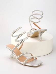 Alvarani Women's Square Toe Clear Crystal Heel Sandals, Sparkling Rhinestone Pearl Strap Ankle High Heels, - Silver 2 - View 5