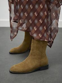 Nöista Women's Round-Headed Suede Short Boots, Non-Slip Low Heels, Side Zipper Short Boots, Daily Wear In Autumn And Winter - Camel - View 2