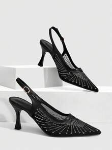 CUCCOO SZL Women's Fashion Pointed Mesh Splicing PU Rhinestone Evening Clothing Commuter Fashion Versatile Party High Heel Empty Sandals - Black - View 7