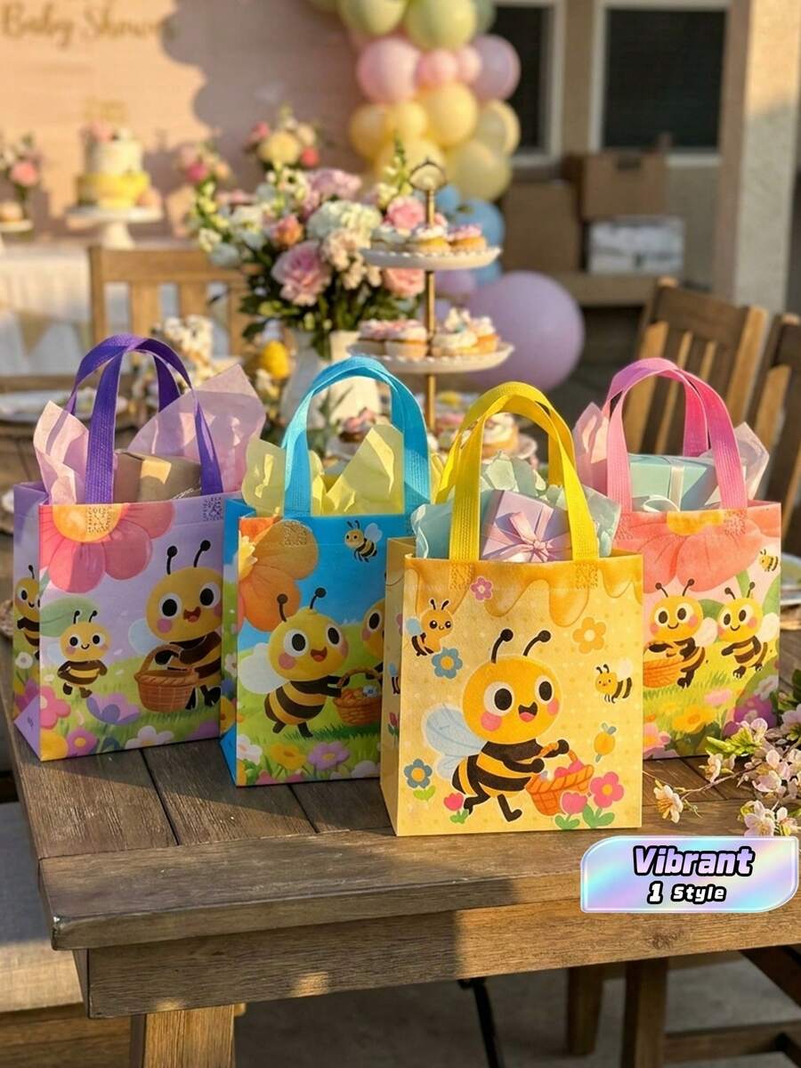 Carriecur Adorable Bee Fleece Tote Bag, Colorful Cartoon Bee Party Gift Bag, Suitable For Birthday Parties, Baby Showers, Spring Events, Classroom Rewards, Graduations, Snack Gift Bag - View 1