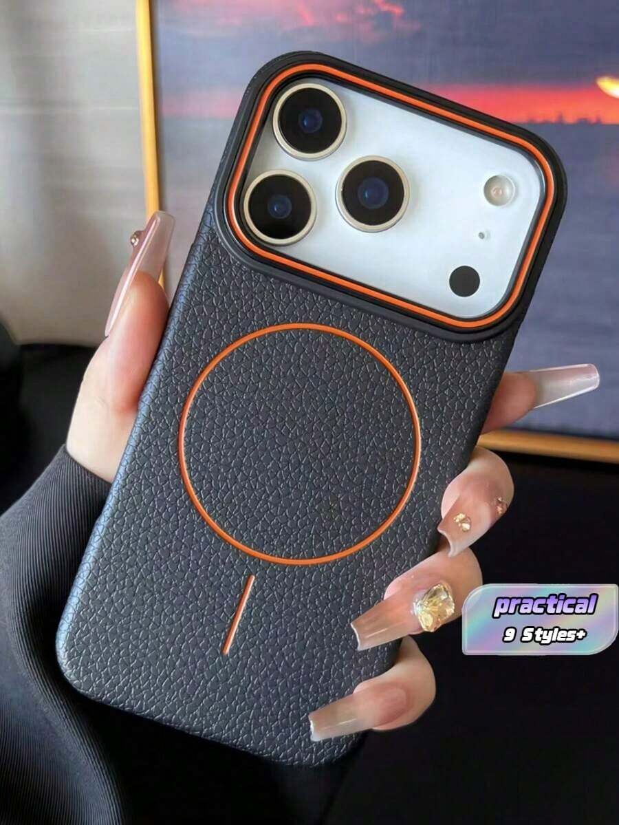 Magnetic TPU Leather 1pc TPU Magnetic Matte Textured Leather-Like Grain Phone Case Supports Wireless Charging Soft Shell Birthday Gift Anniversary Gift - Black - View 1