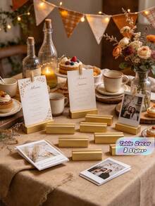 6/12/24pcs Gold Wooden Table Number Holders, Small Table Card Stands, Retro Wooden Business Card Holders, Suitable For Wedding Party Events - gold - View 1