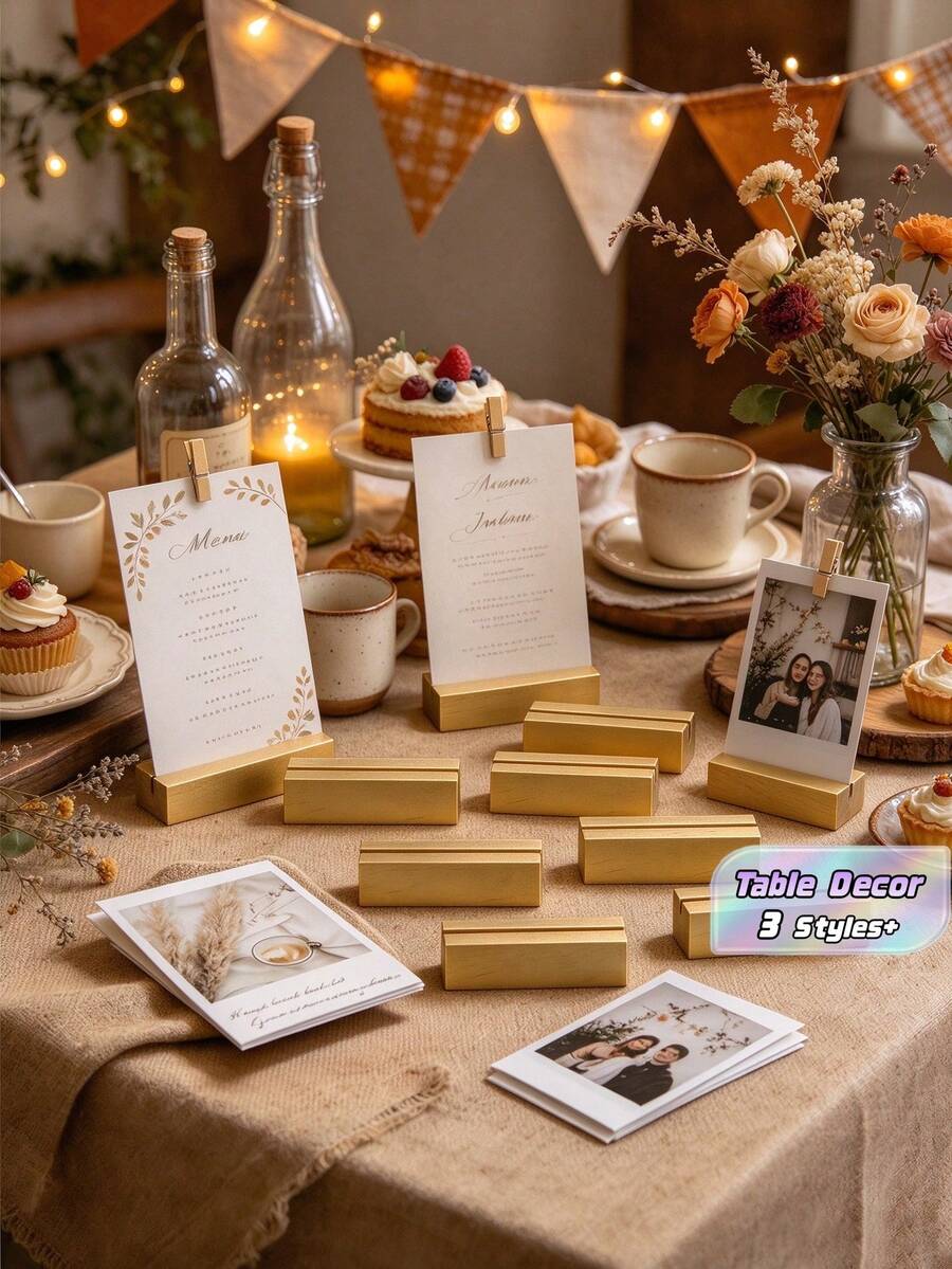 6/12/24pcs Gold Wooden Table Number Holders, Small Table Card Stands, Retro Wooden Business Card Holders, Suitable For Wedding Party Events - gold - View 1