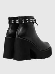 ROMWE Goth Women's Platform And Ankle Boots And Ankle Boots, Y2K Millennial Pointed Toe Rivet Strap Bow Black Big Round Toe Serrated Muffin Bottom Super High Heel - Black - View 3
