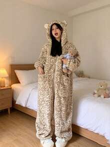 Joivida Women's Fluffy Leopard Print Bathrobe | Cute Animal Bear Ears Hooded Plush Bathrobe Romper With Pockets - Multicolor - View 15
