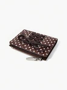 Viva Strut 1pc Fashionable Personalized Sweet And Cool Retro Coffee Pink Polka Dot Faux Leather Short Wallet, Lace-Up Design, Giving Gifts - Coffee - View 5