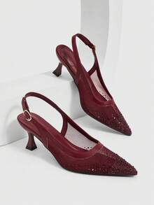 CUCCOO SZL Women's Fashion Pointed Mesh Rhinestone Sparkling Celebrity Temperament Evening Party Party Style Buckle High Heels Women's Shoes - Burgundy - View 1