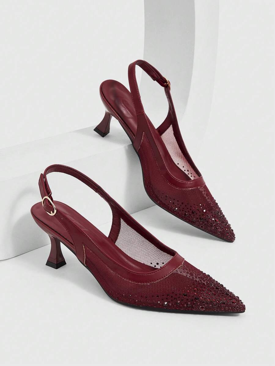 CUCCOO SZL Women's Fashion Pointed Mesh Rhinestone Sparkling Celebrity Temperament Evening Party Party Style Buckle High Heels Women's Shoes - Burgundy - View 1