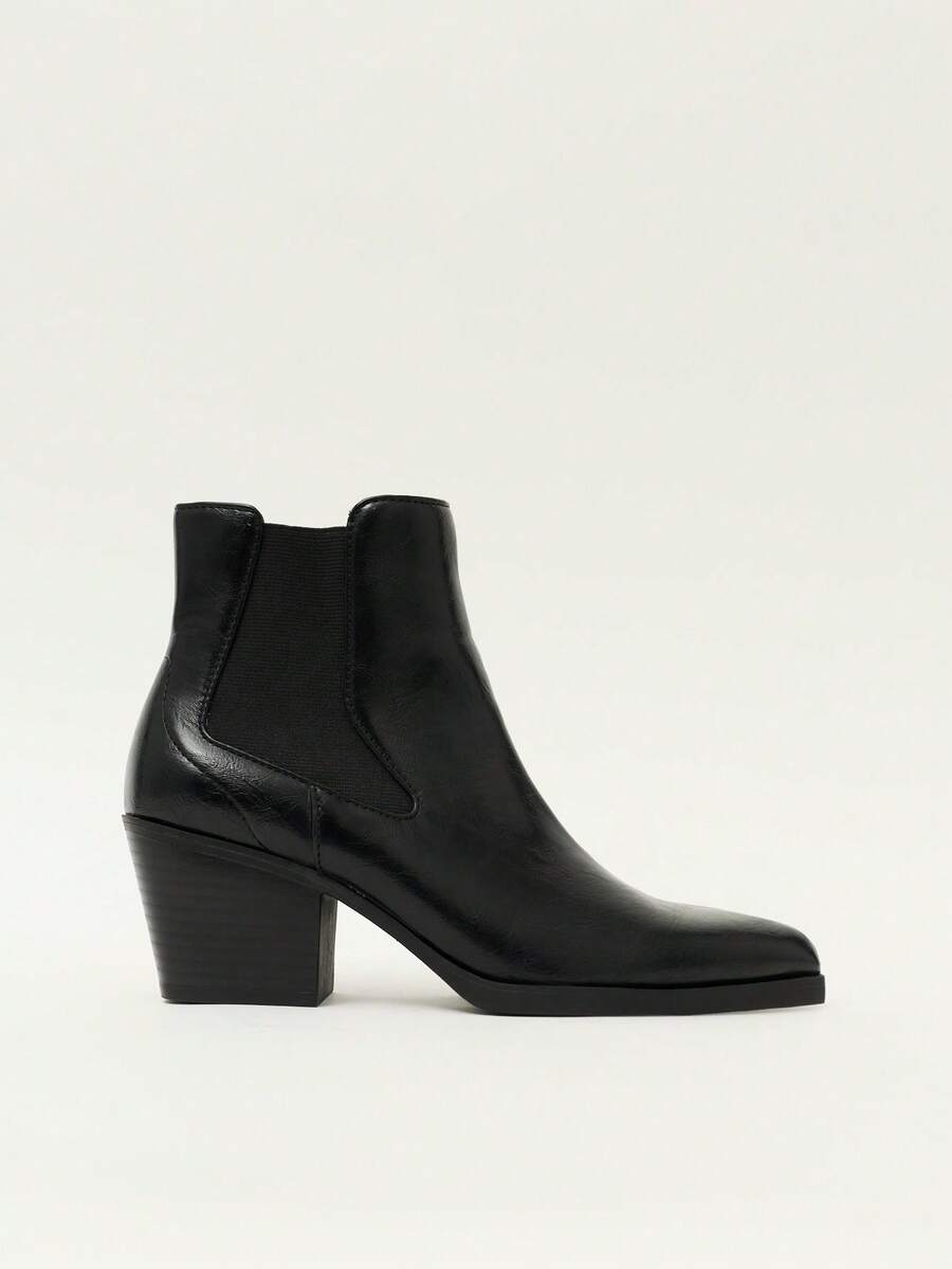 Nöista Black Pointed Short Boots, Autumn And Winter Pointed Elastic Band Fashionable Versatile Thick Heel Solid Color Short Boots - Black - View 1