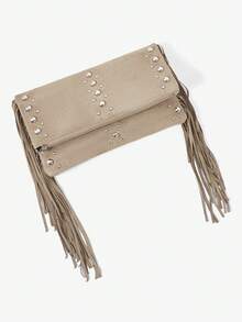 Viva Strut Women's Fashionable Simple Personality Street Versatile Retro Khaki Suede Tassels Rivet Shoulder Bag, Clutch Bag, Daily Shopping Dating - Khaki - View 6