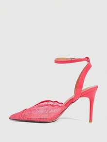 CUCCOO SZL Women's New Pointed Mesh Shoes Embroidered Thread Breathable And Refreshing Contrasting Lace Surface. Romantic And Elegant, Sexy High-Heeled Single Sh - Watermelon Pink - View 4