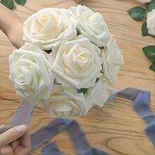 50/25/5 Pieces Pack White Artificial Roses With Stems And 6 Corner Leaves, Realistic Fake Roses, DIY Wedding Bouquets, Bridal, Tabletop And Home Decor, Elegant Floral Arrangements, No Vase Needed - White - View 2