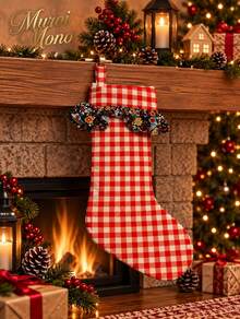 Kaus Kaki Natal Kotak-kotak dengan Hiasan Rumbai Bunga, Kaus Kaki Gantung Natal untuk Rak Perapian, Dekorasi Penyimpanan Hadiah Liburan - 1PC - View 6