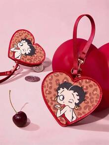 Betty Boop x SHEIN 1 Piece Pu Leather Love Cartoon Character Pattern Printed Change Bag, Equipped With A Handle, Can Be Hung On The Bag, Suitable For Storing Change, Keys, Small Belongings, Suitable For Women, Sexy, Playful, Leopard Print, Bow, Cherry,Gift Ideas,Party,Holiday,Valentine's Day - Multicolor - View 6