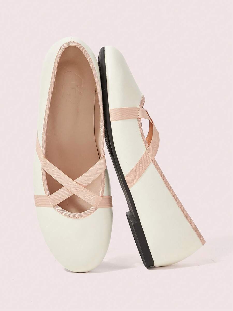 CUCCOO DOLLMOD Beige Pink Cross-Strap Ballet Flats, Round Toe Contrasting Color Hemming Slip-On Shoes, Academic Style Daily Travel Women's Shoes - Baby Pink - View 1