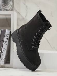 SHUZIA #OOTD Women's Platform Lug Sole Side Zipper Lace Up Vegan Suede Chocolate Combat Ankle Booties– Durable, Non-Slip, Comfortable Fit, Stylish Design For Everyday For Christmas - Coffee Brown - View 3