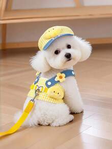 1PC Adjustable Size Soft Breathable Nylon Cute Cartoon Pattern Dog Harness With Leash, Pet Vest Clothes For Bichon Teddy Pomeranian Small Dogs, Outdoor Walking, Daily Use, All Seasons, Gift For Pet Owners. - Yellow - View 2