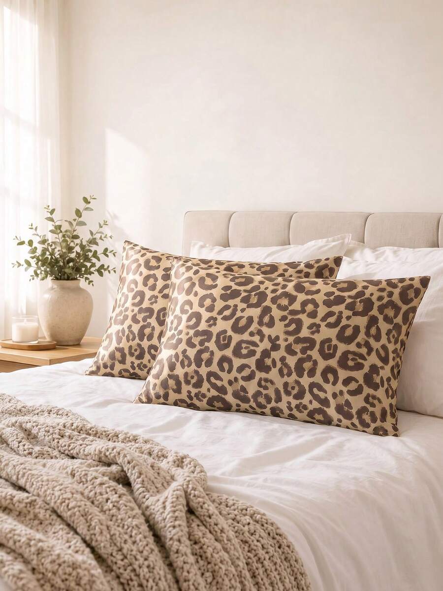 1pc/2pcs Khaki Leopard Digital Print Pillowcase (Without Insert), Polyester Comfy Breathable All-Season, For Bedroom Home Decor, Simple Classic, White Bedding - Multicolor - View 1