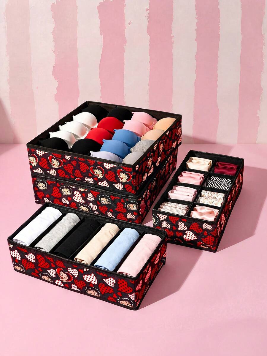 Betty Boop x SHEIN Betty Doll Printed Fabric Drawer Storage Set, Multi Size Closet Storage Box With Divider, Foldable Underwear And Sock Storage, Suitable For Wardrobes And Dresses, Cute Pattern Design - Multicolor - View 1