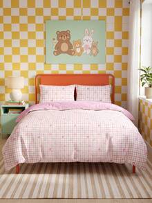 SHEIN 2/3 PCS Printed Duvet Cover Set, 1 Duvet Cover + 1/2 Pillowcases, Soft Breathable Bedding Set, Boho Floral & Cute Bow Stripe & Plaid Pattern Bedding, All Season Duvet Cover, Machine Washable - Pink and sweet plaid + rose red - View 5