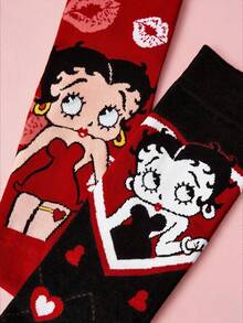 Betty Boop x SHEIN 2双装柔软透气吸湿休闲女士中筒袜，时尚可爱卡通紫白图案，加固袜头和袜跟，经久耐穿，四季皆宜，夏季冬季百搭，图案袜子 - 彩色 - 查看 3