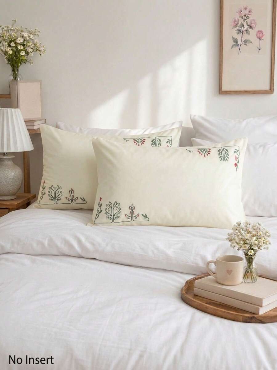 Cirelle 2件組刺繡植物角落枕套,超柔軟聚酯纖維枕套,花卉藤蔓刺繡,奶油色民俗藝術枕套,臥室裝飾,信封式封口(不含枕芯) - 鵝黃 - 查看 1