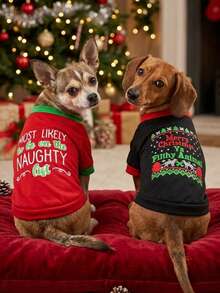 PETSIN Funny Christmas Pet Shirt, Naughty List & Merry Christmas Printed Dog Short Sleeve T-Shirt - Multicolor - View 2