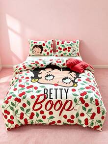 Betty Boop x SHEIN 3pcs Cute Cherry Betty Printed Quilt Cover Set, Polished Material, Soft And Warm, Red Quilt Cover, Multiple Sizes, Suitable For Single Bed/Double Bed/Queen Bed/King Bed - Brick red - View 1