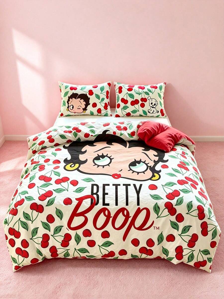 Betty Boop x SHEIN 3pcs Cute Cherry Betty Printed Quilt Cover Set, Polished Material, Soft And Warm, Red Quilt Cover, Multiple Sizes, Suitable For Single Bed/Double Bed/Queen Bed/King Bed - Brick red - View 1