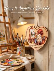 1件「Just A Girl Who Loves Painting」心形木製聖誕裝飾品，藝術女孩聖誕樹吊飾，2026藝術愛好者紀念禮物 - 彩色 - 查看 5