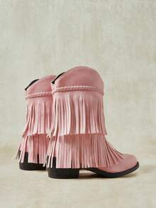 Styleloop Pink Double Layer Fringe Western Cowboy Ankle Boots For Women, Woven Strap Pointed Toe Chunky Heel Boots, Sweet Cool Style Music Festival Party Boots - Watermelon Pink - View 5