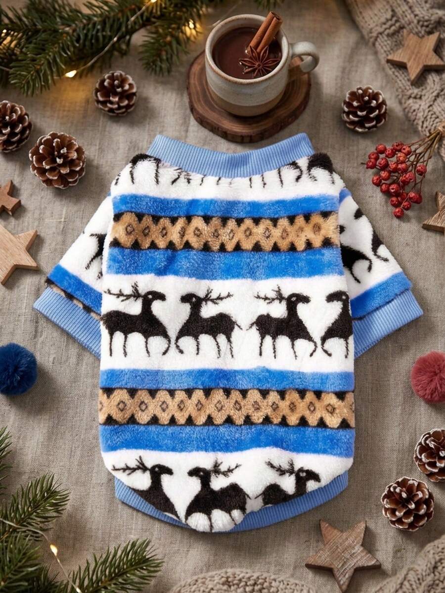 PETSIN 1 Boneka Hewan Peliharaan dengan Topi, Motif Rusa Natal Biru dan Putih serta Kepingan Salju, Bahan Flanel - MultiWarna - View 1