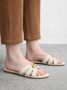 CUCCOO BIZCHIC White Metal Buckle Cross Slippers Women's Summer Wear Retro Flat Bottom Versatile Soft-Soled Sandals - White - View 6
