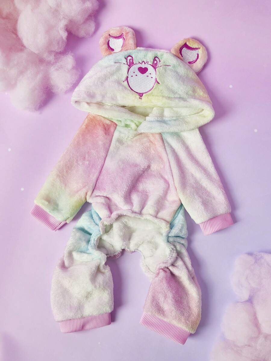 Care Bears X PETSIN 1件寵物毛絨連帽衫，帽子上有刺繡泰迪熊圖案，藍粉漸層休閒風，厚實保暖秋冬寵物衣 - 彩色 - 查看 1