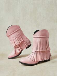 Styleloop Pink Double Layer Fringe Western Cowboy Ankle Boots For Women, Woven Strap Pointed Toe Chunky Heel Boots, Sweet Cool Style Music Festival Party Boots - Watermelon Pink - View 8