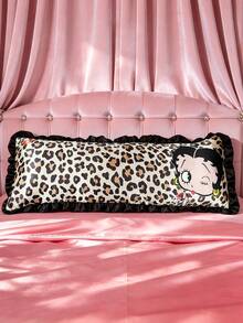 Betty Boop x SHEIN 1Pc Cute Cartoon Leopard Print Girl Pattern Pillow Cover, Black Lotus Leaf Edge Design, Satin Material, Comfortable And Cool, Suitable For Spring And Summer Waist Pillows, Retro Bedding, Preferred For Gifts - Coffee Brown - View 1