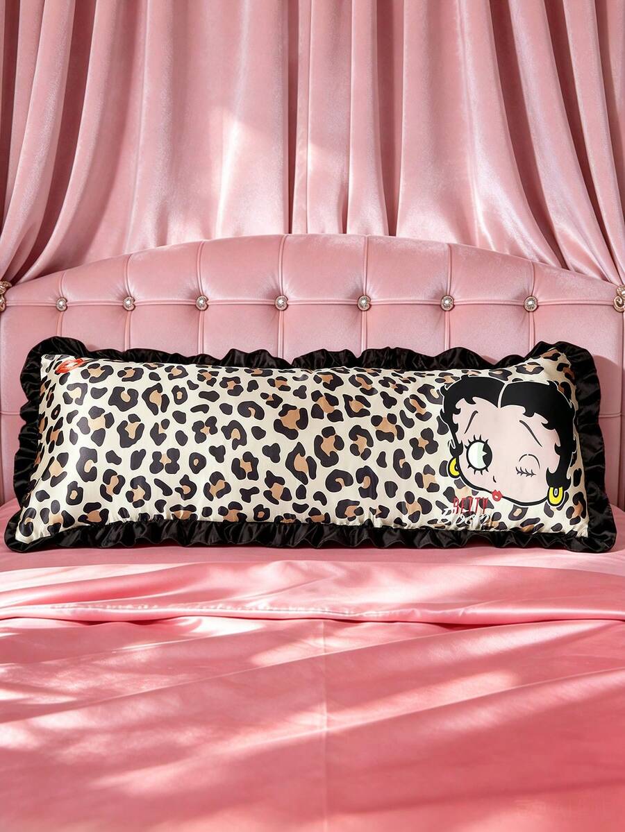 Betty Boop x SHEIN 1Pc Cute Cartoon Leopard Print Girl Pattern Pillow Cover, Black Lotus Leaf Edge Design, Satin Material, Comfortable And Cool, Suitable For Spring And Summer Waist Pillows, Retro Bedding, Preferred For Gifts - Coffee Brown - View 1