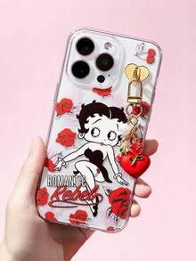 Betty Boop x SHEIN 可爱复古Tty Boop透明闪光TPU手机壳，红色玫瑰和爱心吊坠装饰，防震外壳，适用于 - 彩色 - 查看 2