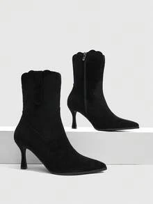 CUCCOO SZL Women's Shoes With Wavy Lace, Pointed Thin High Heels, Versatile Autumn And Winter Style, Temperament Short Boots - Black suede - View 7