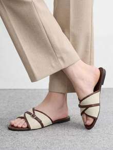CUCCOO BIZCHIC Women's French Vintage Style Linen Patchwork Flat Slides, Metal Buckle Cross Strap Design, Slouchy Chic - Brown - View 3
